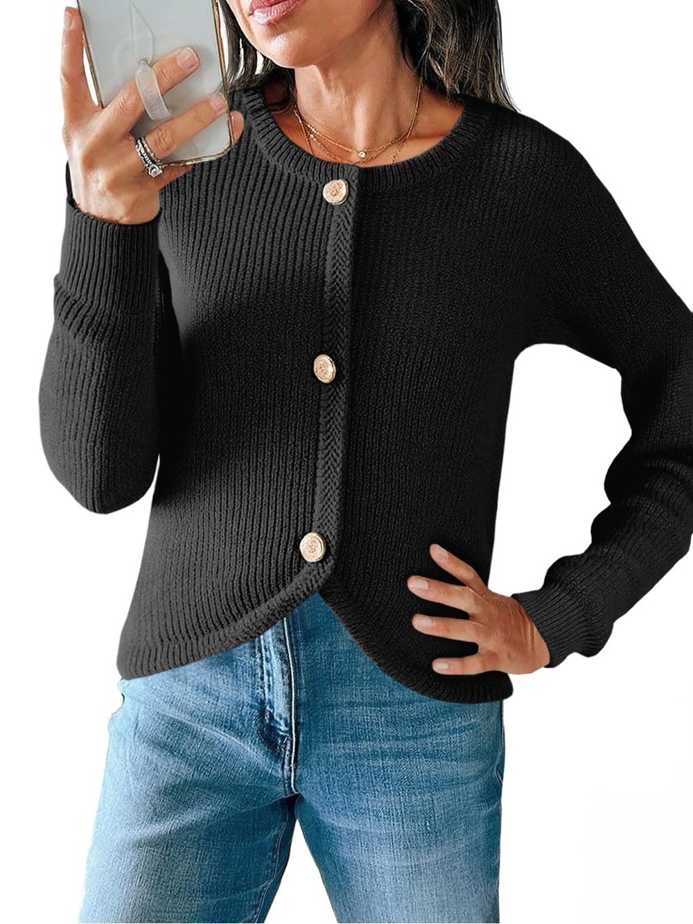 Black Button-Front Ribbed Knit Sweater